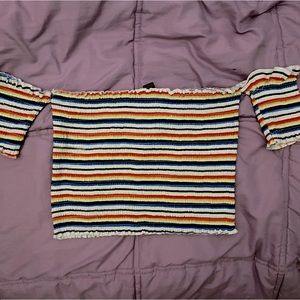 Woman’s multicolor off-shoulder lettuce trim rib-knit crop top